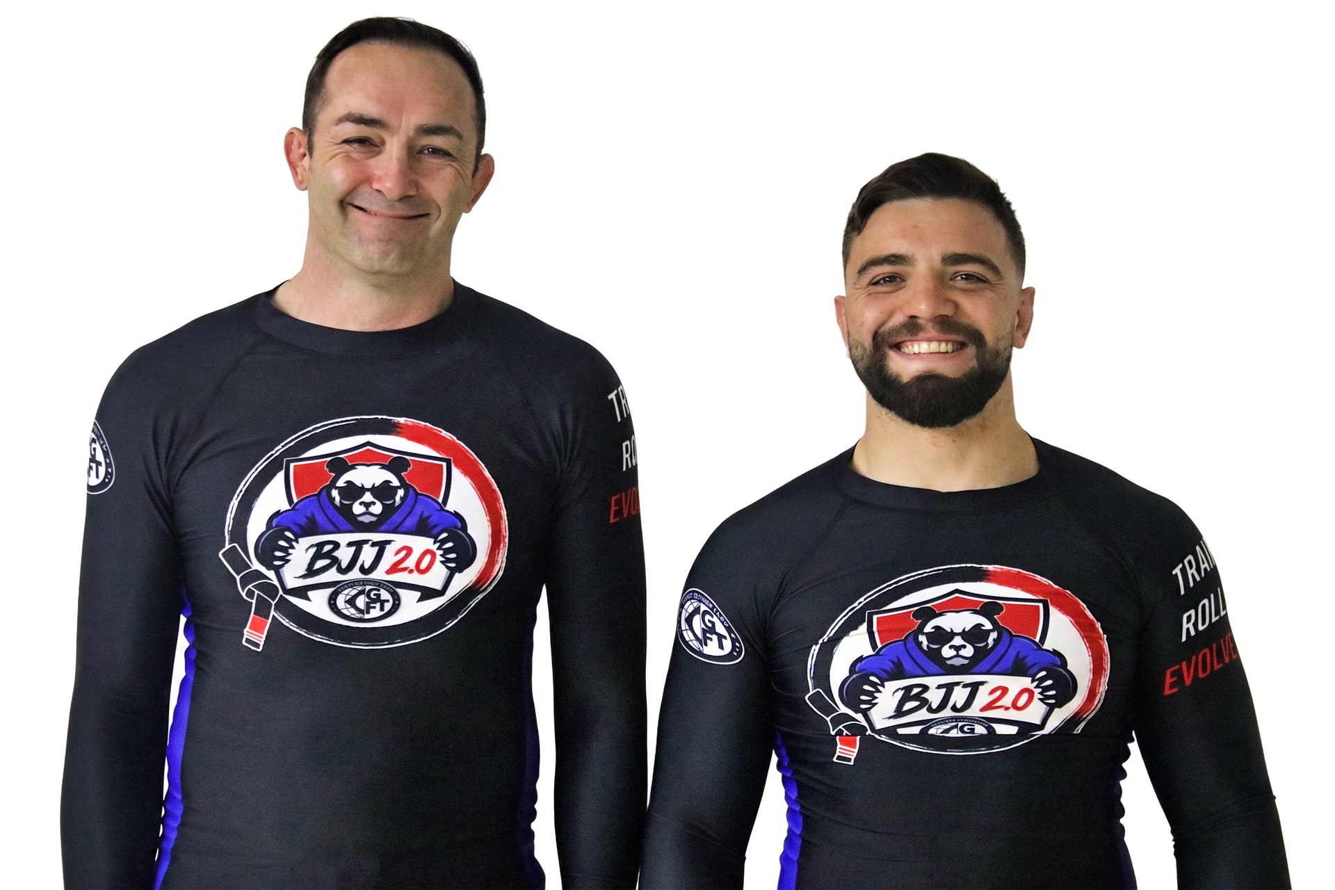 Wade Henderson and Ryan, owners of BJJ 2.0, standing side by side in branded BJJ 2.0 rashguards
